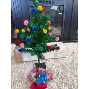 Vintage y2k Lillian Vernon 24" Green Tinsel Christmas Tree Pom Pom Felt Ornament